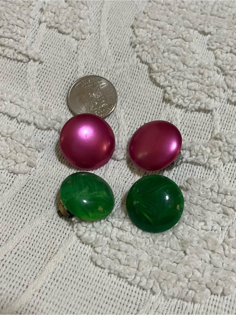 Vintage Clip-On Earrings Sets in Magenta and Emerald Green 2 Pair Vintage 1960
